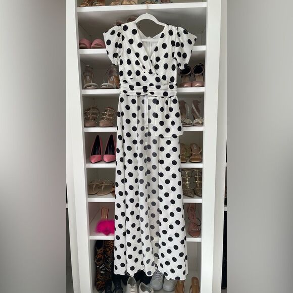black and white polka dot puff sleeve wrap long blouse Size XS - Picture 7 of 11